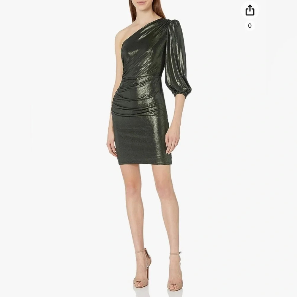 Donna Morgan green shiny dress one shoulder
